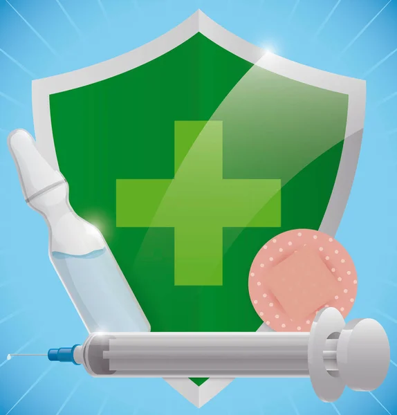 Kit Vacinação Com Escudo Verde Seringa Ampola Gesso Médico Pronto —  Vetores de Stock