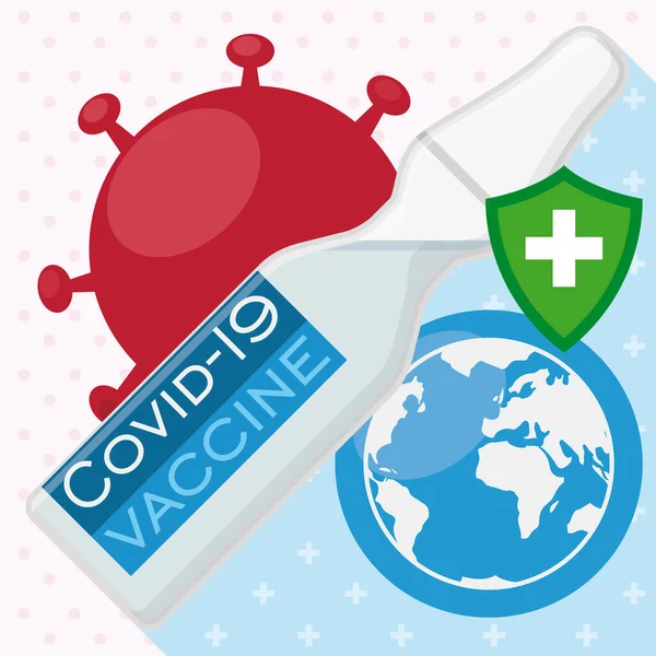Symbolische Weergave Van Covid Vaccin Met Lange Schaduw Die Wereld — Stockvector