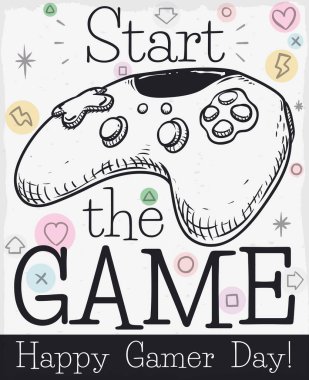 Oyun kontrolörünün el çizimi stili ve etrafına bazı karalamalar çizilmiş hatıra tasarımı, sizi mutlu bir Oyuncular Günü kutlamaya davet ediyor..