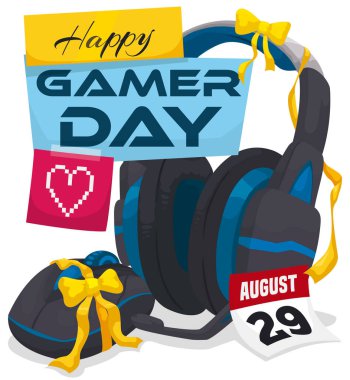 Takvim, pikselli kalp, işaret ve oyun faresi ve kulaklıkları ile birlikte not, kurdeleler ve fiyonklar 29 Ağustos 'taki mükemmel bir Oyuncular Günü kutlaması için hediye olarak..