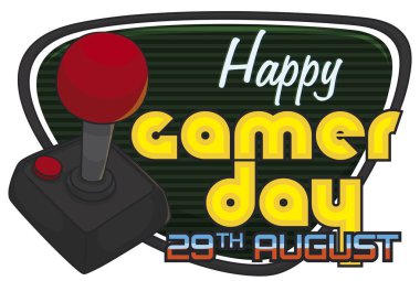 Klasik video oyunlarını hatırlayan ve Oyuncular Günü 'nü destekleyen eski joystick, tel, eski ekran ve retro işareti.