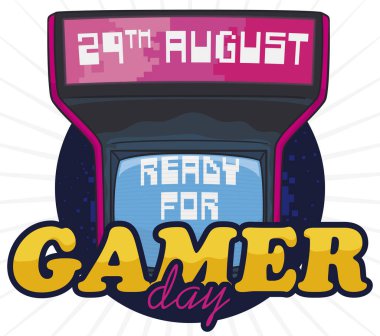 Bu 29 Ağustos 'ta Oyuncular Günü' nü destekleyen büyük ekran ve retro yazısıyla renkli oyun konsolu.