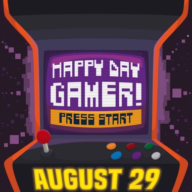 29 Ağustos 'taki Oyuncular Günü kutlamasına başlamak ve başlamak için size oyun selamı ve davetiye içeren Retro atari makinesi..