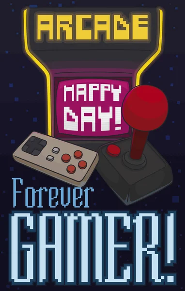 Consolas Retro Máquina Arcade Controlador Joystick Promoviendo Para Celebrar Feliz — Archivo Imágenes Vectoriales
