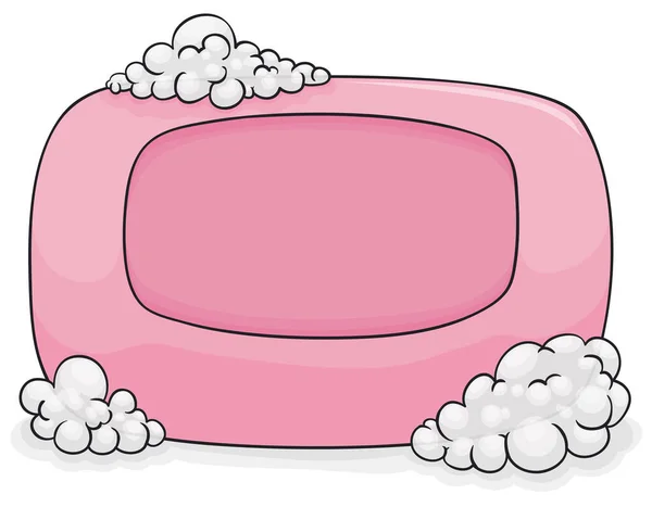 泡と甘い香りが体の汚れをきれいにする準備ができて孤立したピンクの石鹸 — ストックベクタ
