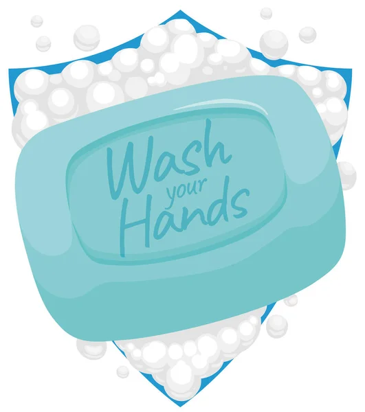 泡と石鹸洗浄で覆われたシールド 手洗浄と病気の保護を促進します — ストックベクタ