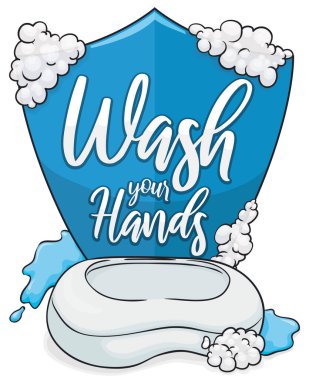 Su sıçratan köpüklü kalkan, köpük ve sabun, el yıkamayı teşvik eden.