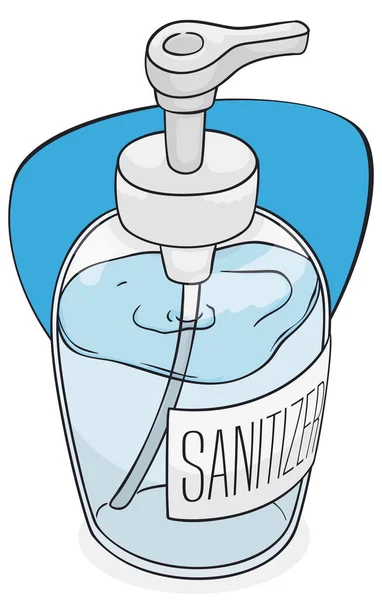 Butelka Mydłem Płynie Nad Niebieskim Znakiem Gotowa Użycia Podczas Mycia — Wektor stockowy