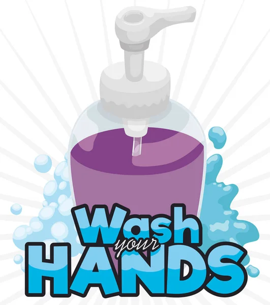 泡と水のスプラッシュが手を洗う時間を思い出させる芳香族ラベンダー液体石鹸 — ストックベクタ