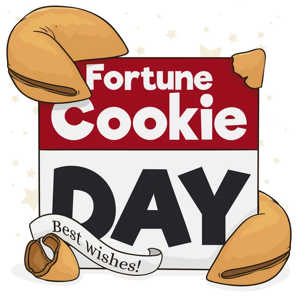 Kalender Met Verbrijzeld Gelukskoekje Een Hele Kondigen Fortune Cookie Day — Stockvector