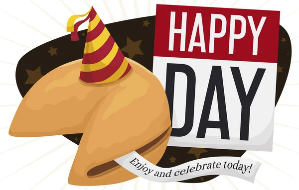 カレンダー 小さなパーティーの帽子と挨拶で紙とフォーチュンクッキー 幸運な男性とその日を祝う準備ができて — ストックベクタ