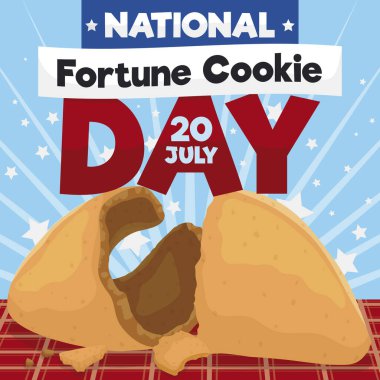 Patriotic design with shattered fortune cookie, paper and stars, promoting its National Day with a festive and delicious celebration in July 20. clipart