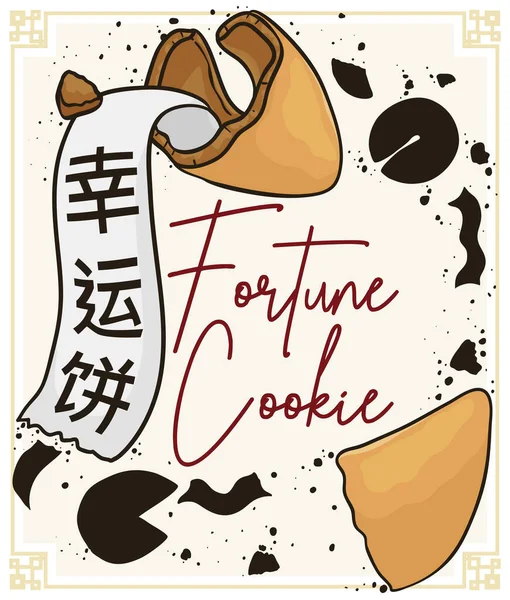 Biscoito Sorte Delicioso Rachado Biscoito Sorte Escrito Chinês Com Papel —  Vetores de Stock