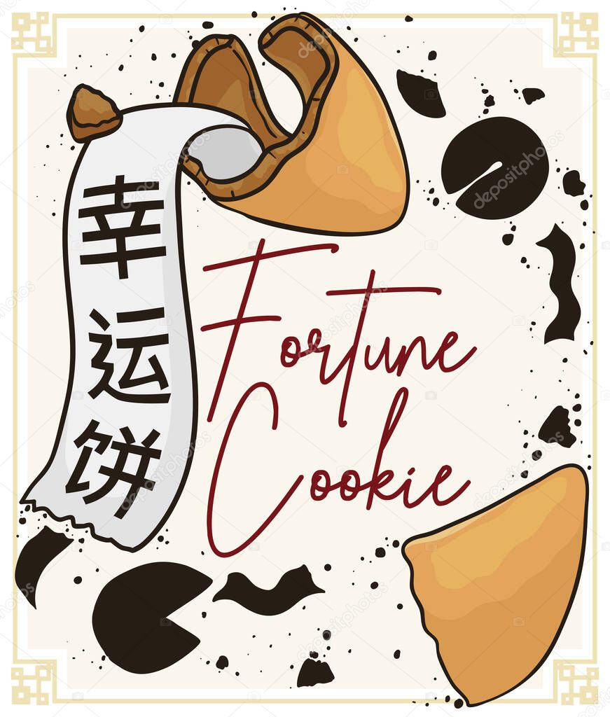 Delicious, cracked fortune cookie (or 'good luck cookie', written in Chinese) with paper and silhouettes around it.
