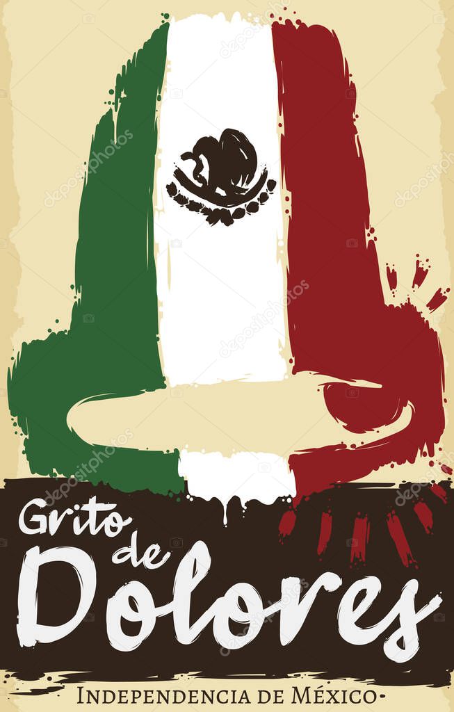Scroll with bell in brush stroke style like Mexico flag, ready to celebrate Mexican Independence Day, also called 'Grito de Dolores' (texts written in Spanish).