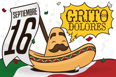 Cute and bearded charro hat character holding a pennant with reminder date to commemorate 'Cry of Dolores', also called Mexican Independence Day, under a confetti shower (texts written in Spanish). clipart