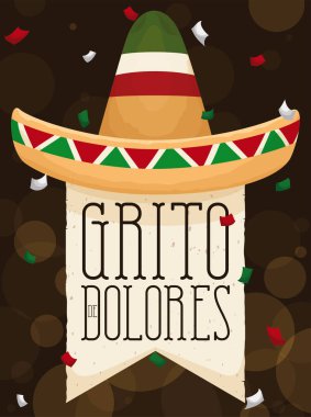 Traditional Mexican hat over pennant commemorating the Cry of Dolores and to celebrate Mexico's Independence Day (texts written in Spanish). clipart