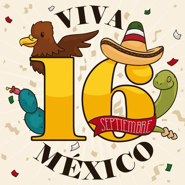 Uroczyste Przyjęcie Meksykańskimi Symbolami Promujące Obchody Dnia Niepodległości Września Orzeł — Wektor stockowy