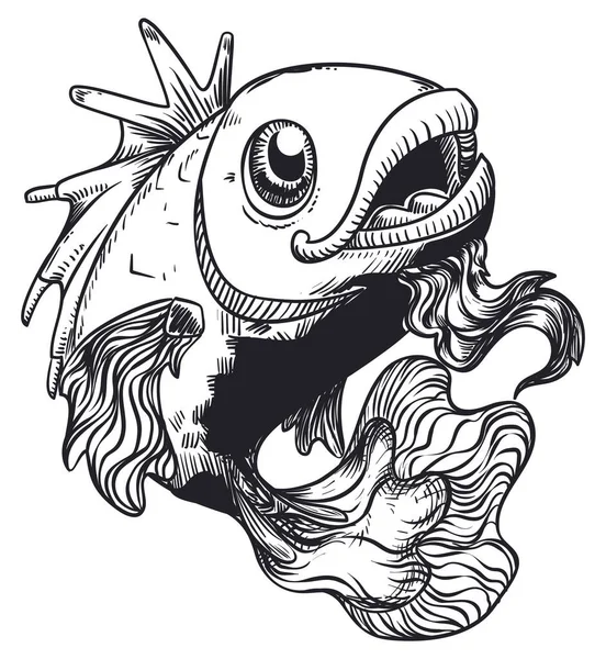 Happy Elder Bearded Fish Lines Style Sea Monster Its Comb — Stock Vector