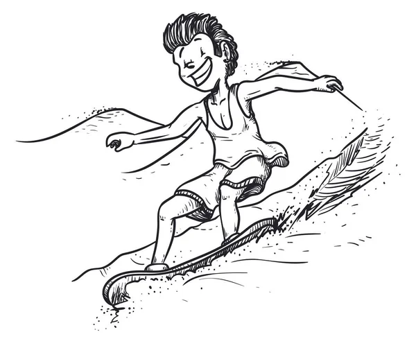 Fresco Giovane Uomo Che Pratica Sandboarding Dune Con Espressione Cool — Vettoriale Stock
