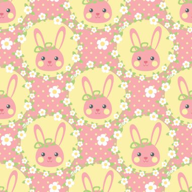 Komik tavşan bir çelenk sevimli karakterler, vintage tarzı ile sorunsuz vektör çizim çiçek,