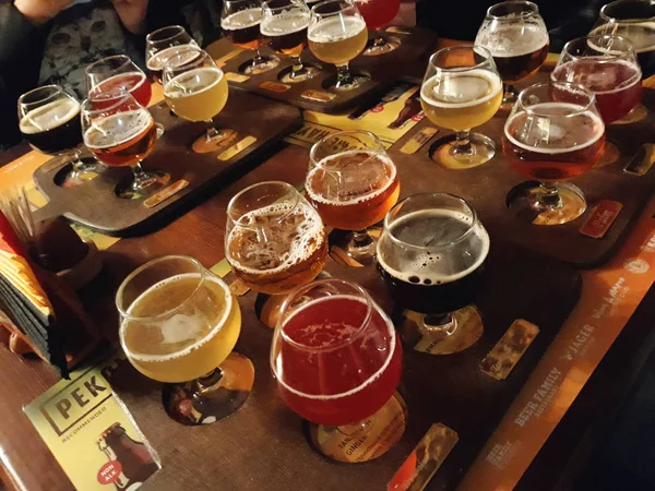 Saint Petersburg Russia August 2018 Assorted Beers Flight Ready Tasting — Stock Photo, Image