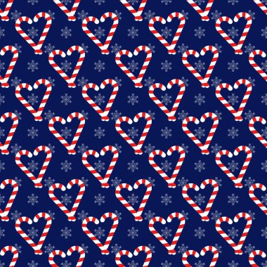 Noel bir kalp ve kar taneleri şeklinde şekerler ile seamless modeli. Ambalaj Kağıt, kumaş baskı, tebrik kartları tasarımı için vektör arka plan