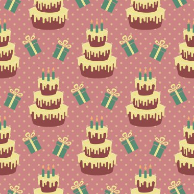 Mumlar ve hediyelerle dolu doğum günü pastası. Dikişsiz vektör çizimi