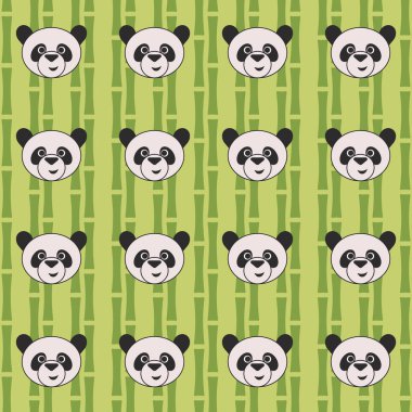 Bambu arka plan ile sevimli karikatür pandalar. Dikişsiz vektör çizimi