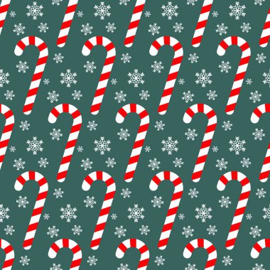 Şeker kamışı ve kar taneleri ile dikişsiz desen, Noel vektör illüstrasyon