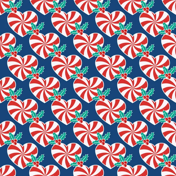 ハートとヤドリメの形をしたキャンディ杖を使ったクリスマスシームレスなパターン 包装紙 ファブリックプリント グリーティングカードデザインのためのベクトル背景 — ストックベクタ