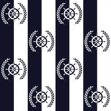 Deniz deseni, Gemi direksiyon simidi ve yaprak çelenk ile Dikişsiz vektör illüstrasyon, yüksek kontrastlı görüntü