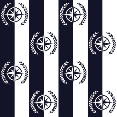 Deniz deseni, rüzgar gülü ve yaprak çelenk ile Dikişsiz vektör illüstrasyon, yüksek kontrastlı görüntü