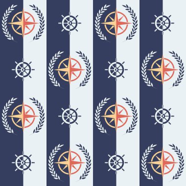 Deniz deseni, rüzgar ve yaprak çelenk gül ile Dikişsiz vektör illüstrasyon, direksiyon simidi