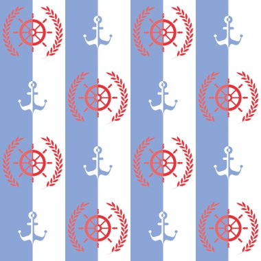 Deniz deseni, Gemi direksiyon simidi ve yaprak çelenk, çapa ile Dikişsiz vektör illüstrasyon