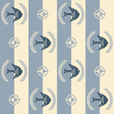 Deniz şablonu, soyut balık ve rüzgar gülü ile kusursuz vektör çizimi