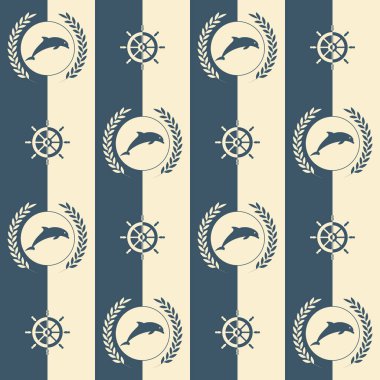 Deniz şablonu, soyut yunus ve direksiyon tekerleriyle kusursuz vektör çizimi