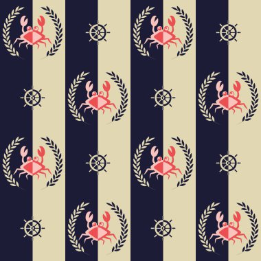 Deniz şablonu, soyut yengeçli ve direksiyonlu kusursuz vektör çizimi