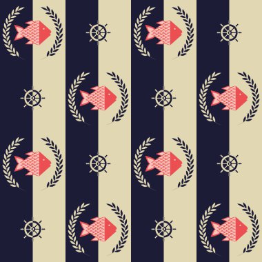 Deniz şablonu, soyut balık ve direksiyon tekerleriyle kusursuz vektör çizimi