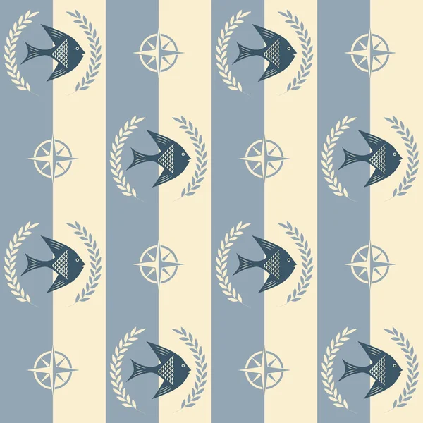 Deniz şablonu, soyut balık ve rüzgar gülü ile kusursuz vektör çizimi