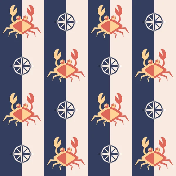 Deniz şablonu, soyut yengeç ve rüzgar gülleriyle kusursuz vektör çizimi