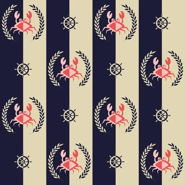 Deniz şablonu, soyut yengeçli ve direksiyonlu kusursuz vektör çizimi