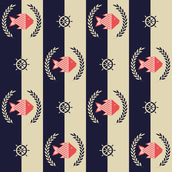 Deniz şablonu, soyut balık ve direksiyon tekerleriyle kusursuz vektör çizimi