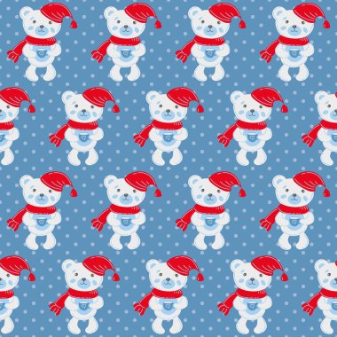 Fincanlı sevimli küçük oyuncak ayı, kusursuz vektör çizimi atkı ve kepli küçük oyuncak ayılar, fincanlı. Puantiyeli arka plan. Sıcak kış illüstrasyonu