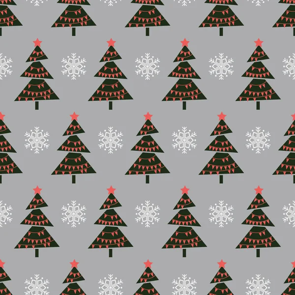 ヴィンテージクリスマスツリー 抽象的なクリスマスツリーと雪の結晶とシームレスなベクトルイラスト — ストックベクタ
