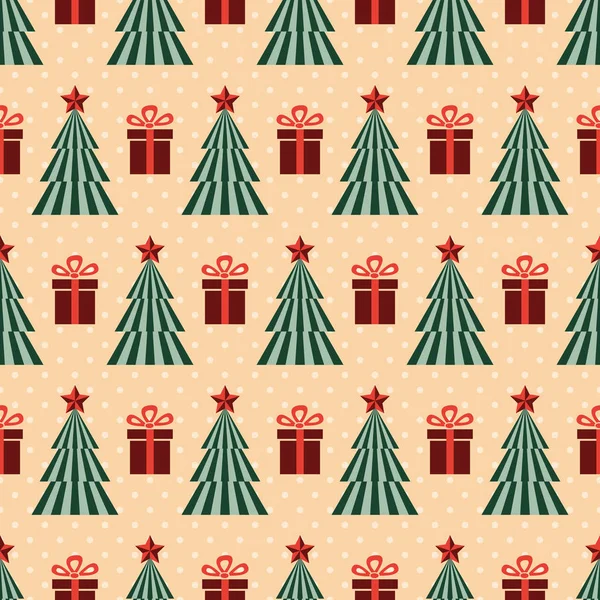 ヴィンテージクリスマスツリーとプレゼント 抽象的なクリスマスツリーとギフトボックスとシームレスなベクトルイラスト — ストックベクタ