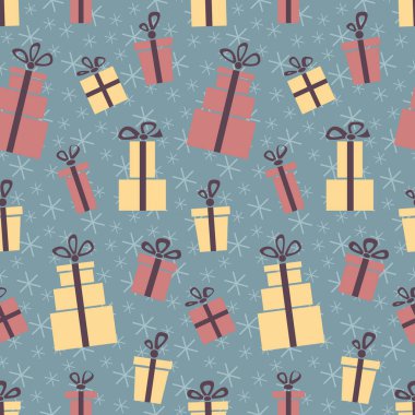 Noel hediyeleri. Hediye kutuları, yayları ve kar taneleriyle kusursuz vektör çizimi