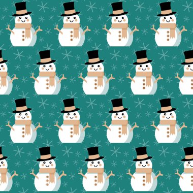 Silindir şapkalı komik kardan adamlar. Sevimli Noel karakterleriyle kusursuz vektör çizimi