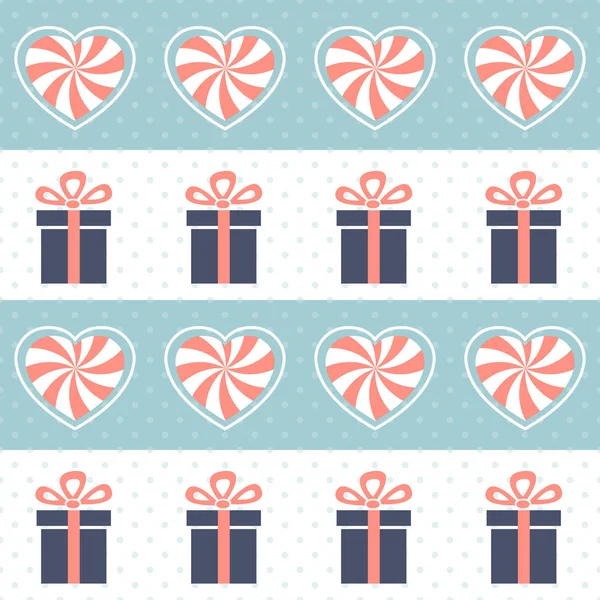 Різдвяний Візерунок Безшовні Векторні Ілюстрації Цукерками Формі Серця Подарунковими Коробками — стоковий вектор