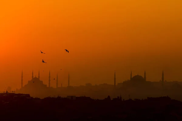 Silhouette Von Istanbul Mit Hagia Sophia Und Blauer Moschee Bei — Stockfoto